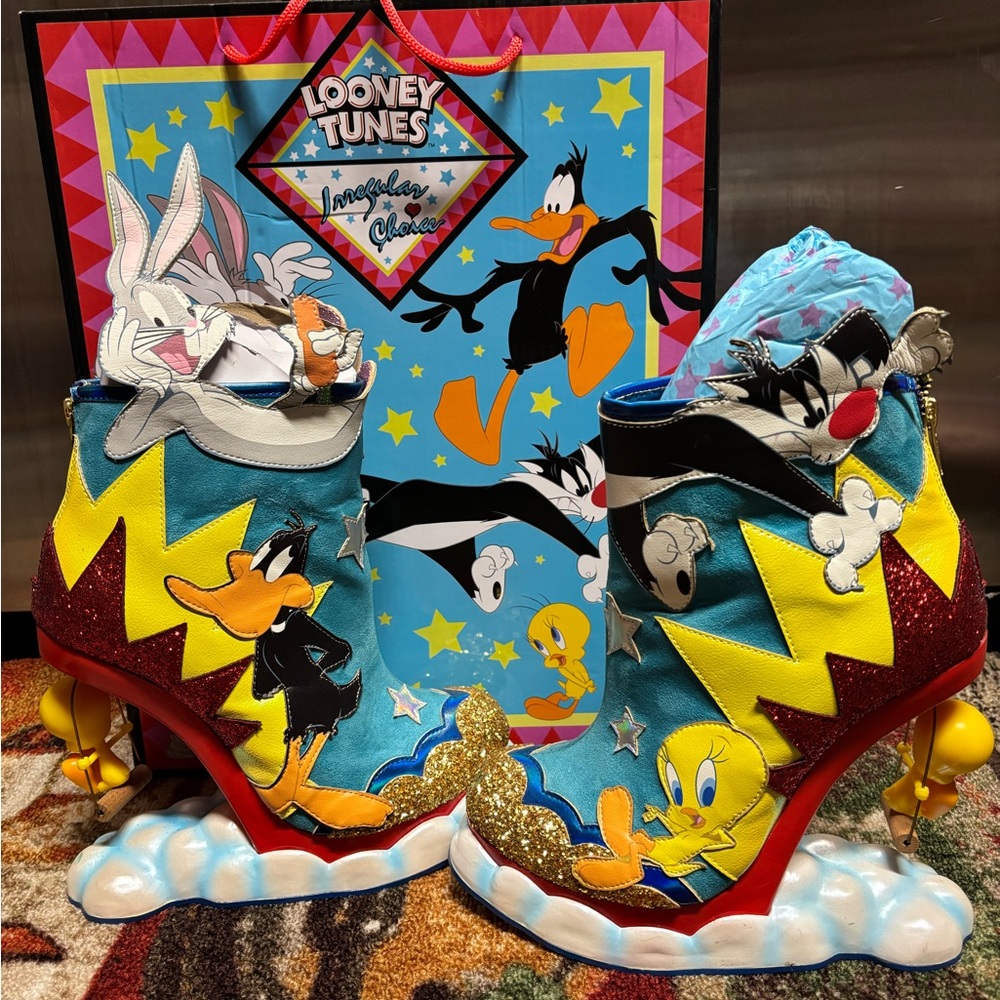 Irregular Choice Looney Tunes Blue and Yellow Ankle Boots